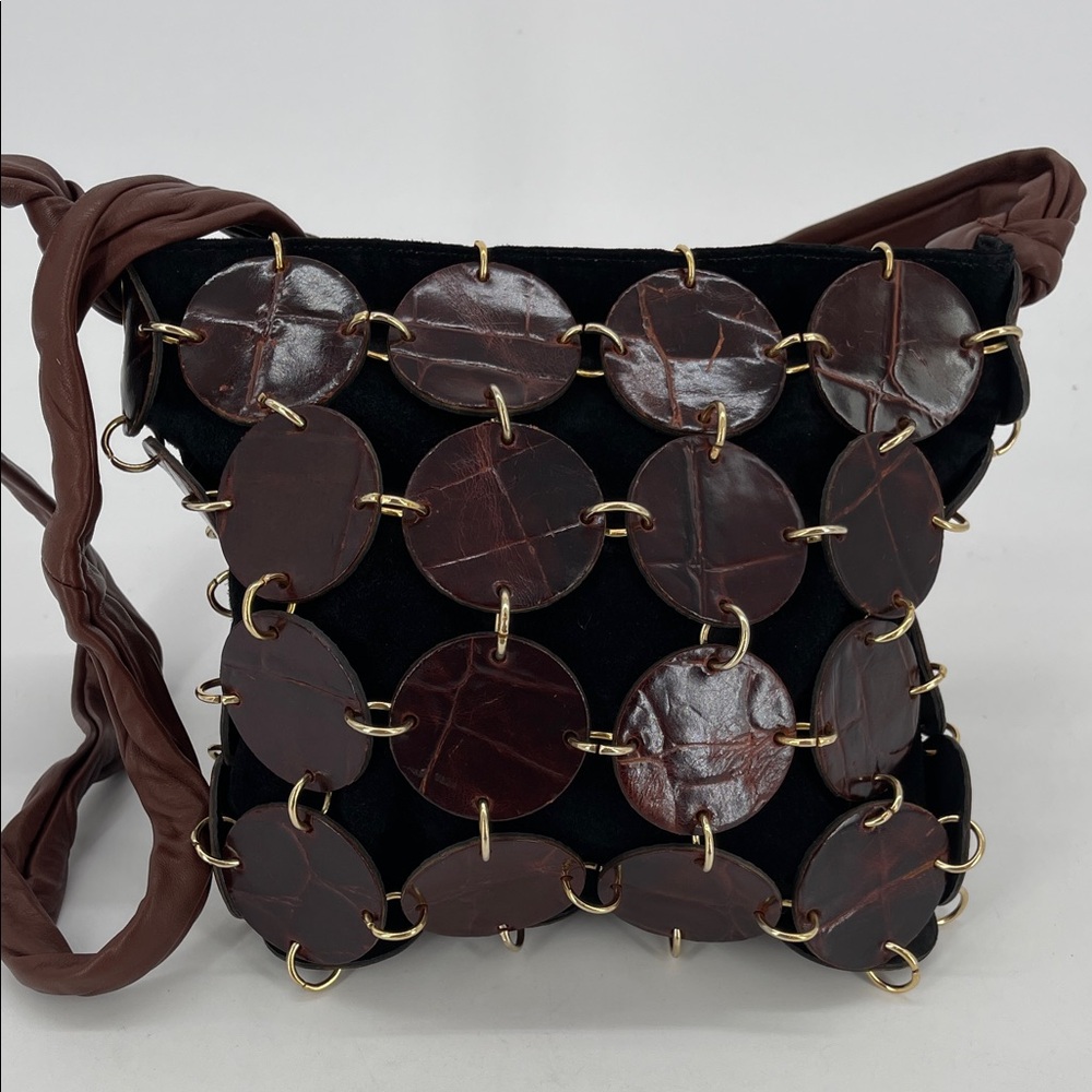 Vintage Rare J.L.S. Collection Croc-Embossed Discs Leather/Suede Crossbody Bag